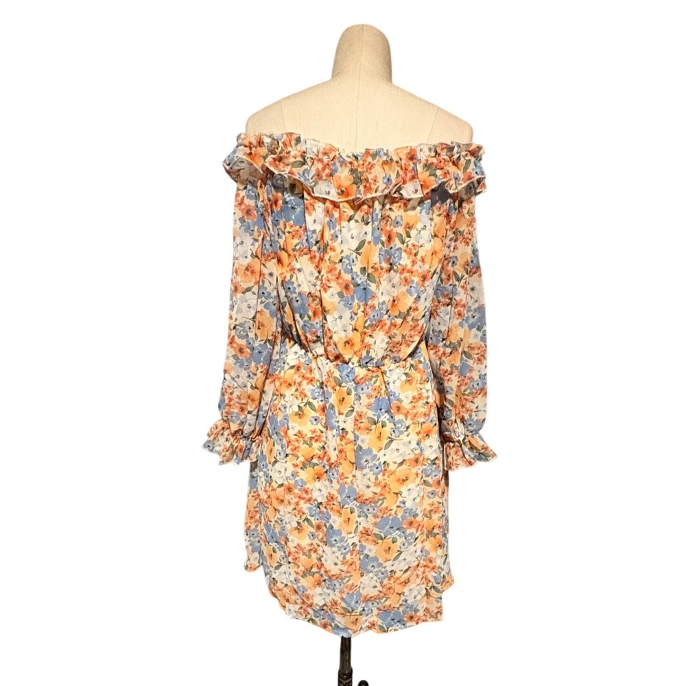 NWT Women M Floral Off The Shoulder Ruffle Mini Dress Orange Blue Easter Wedding - Picture 2 of 9